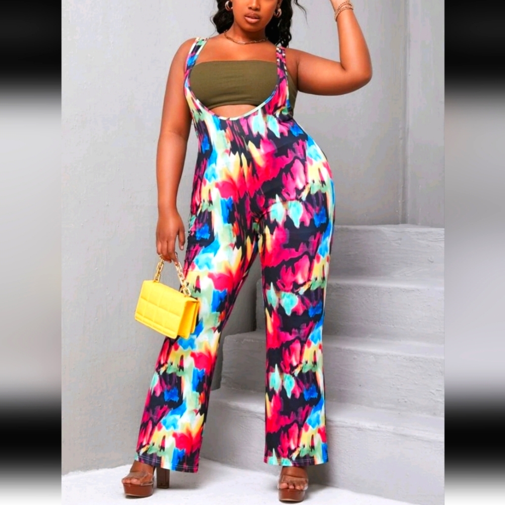 Sexy Plus Graphic Print Pinafore Wide Leg Tie Dye Jumpsuit 1X